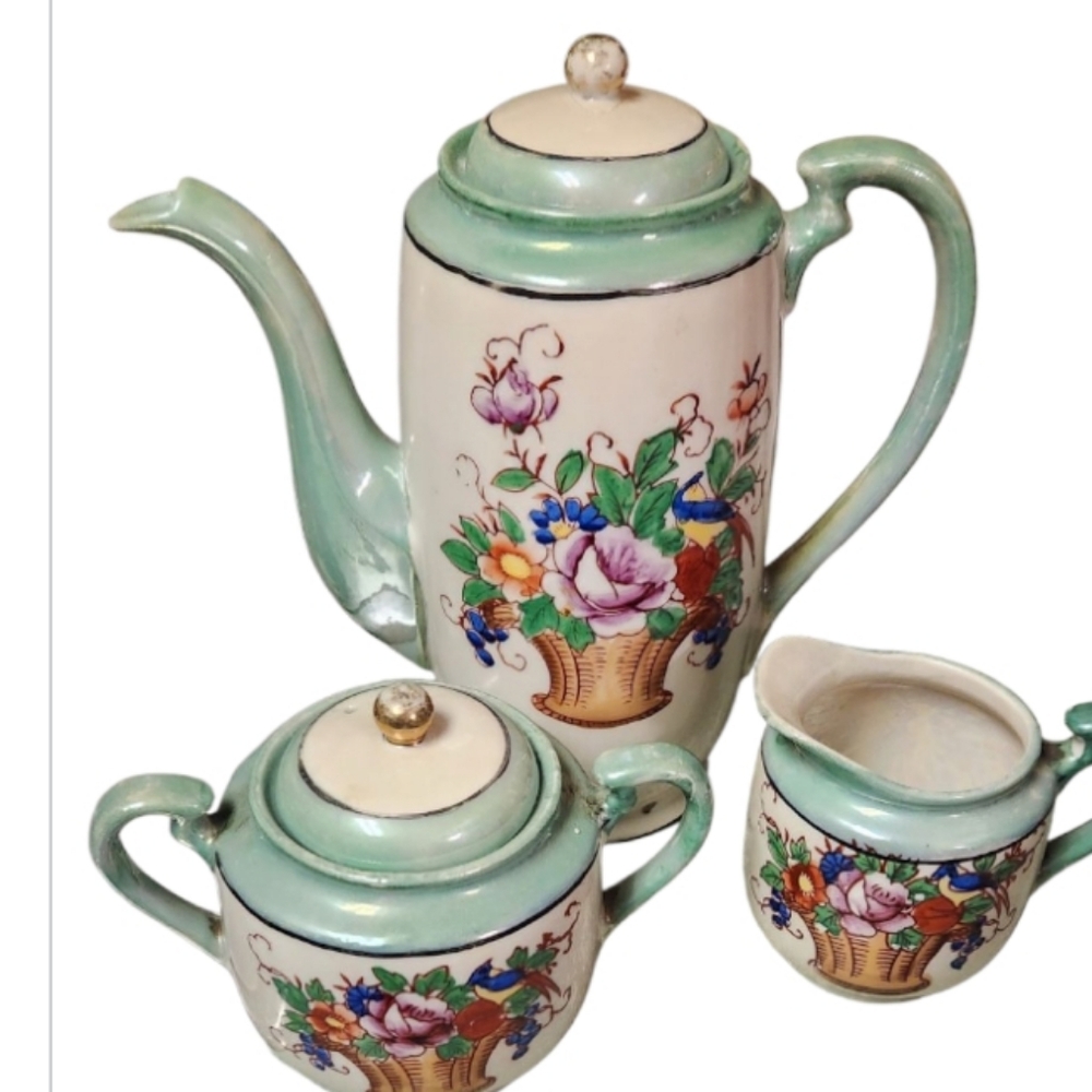Vintage Japenease Floral Ceramic Tea Set with Green Accents